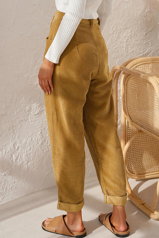 Pantalones holgados de pana de cintura alta para mujer, ropa Vintage, elegante