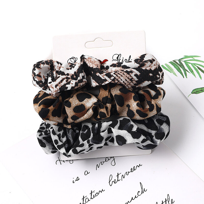 3/5/pces scrunchies de seda impressão leopardo conjunto elástico faixas de cabelo cor sólida moda headwear feminino acessórios de cabelo presente