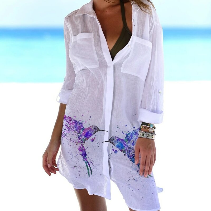 Protezione solare da donna tasca in tessuto stropicciato bottone nascosto camicetta da spiaggia giacca Bikini donna camicia bohémien costume da bagno Cardigan