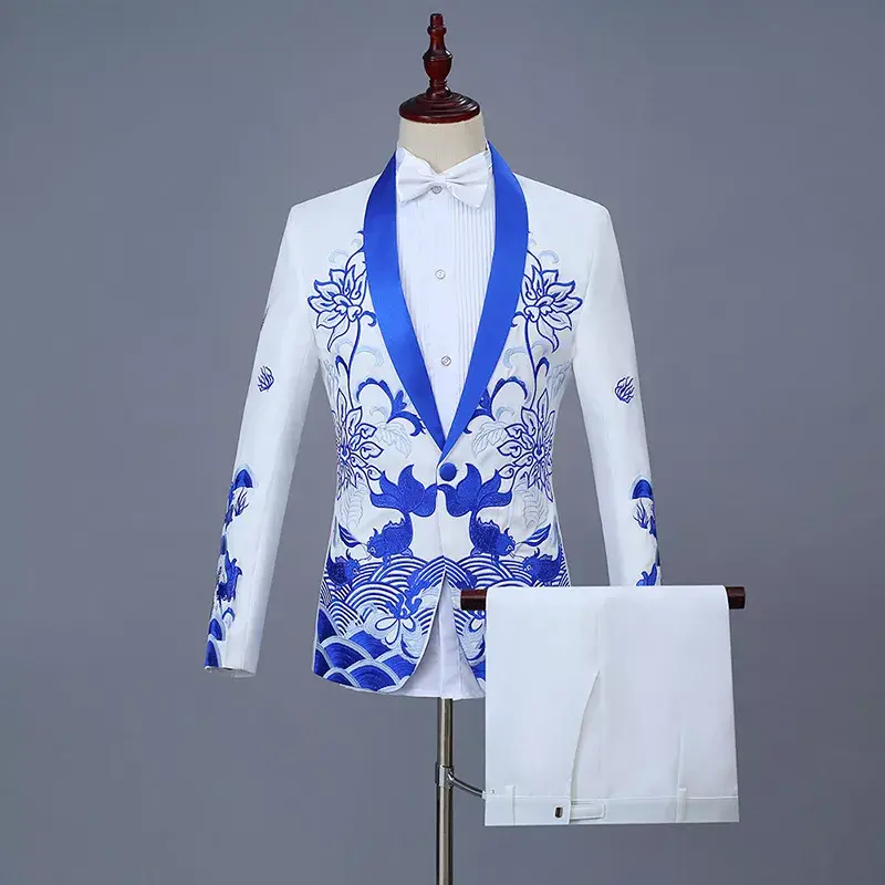 Men Suit Party Chinese Style Suits Groom Suit Costumes Single Breasted Two Piece Set Coat Pant Blue Red Black White Men Suits