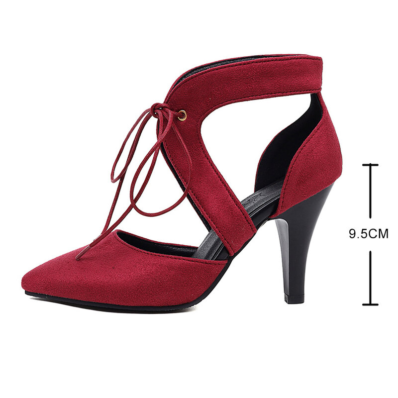 Sepatu Wanita Sandal Gladiator Merah Hitam Seksi Sepatu 10Cm Hak Tinggi Berenda Musim Panas Sepatu Pump Pesta Stiletto untuk Wanita