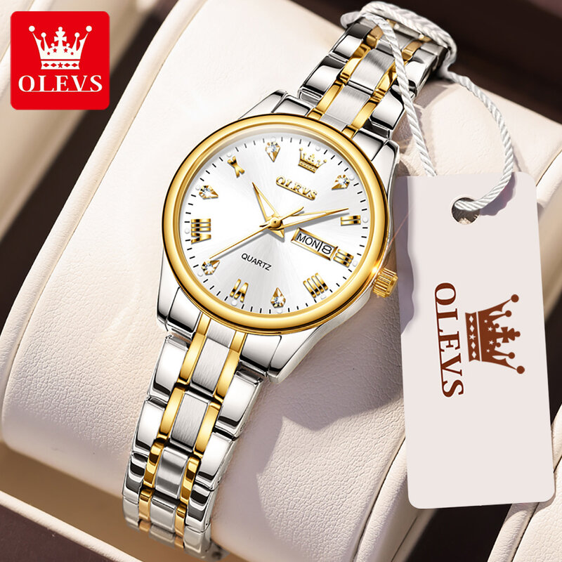 Olevs-女性のためのファッショナブルな防水時計,ステンレス鋼のストラップ,ダイヤモンド,アンクレスト,高品質のクォーツ時計