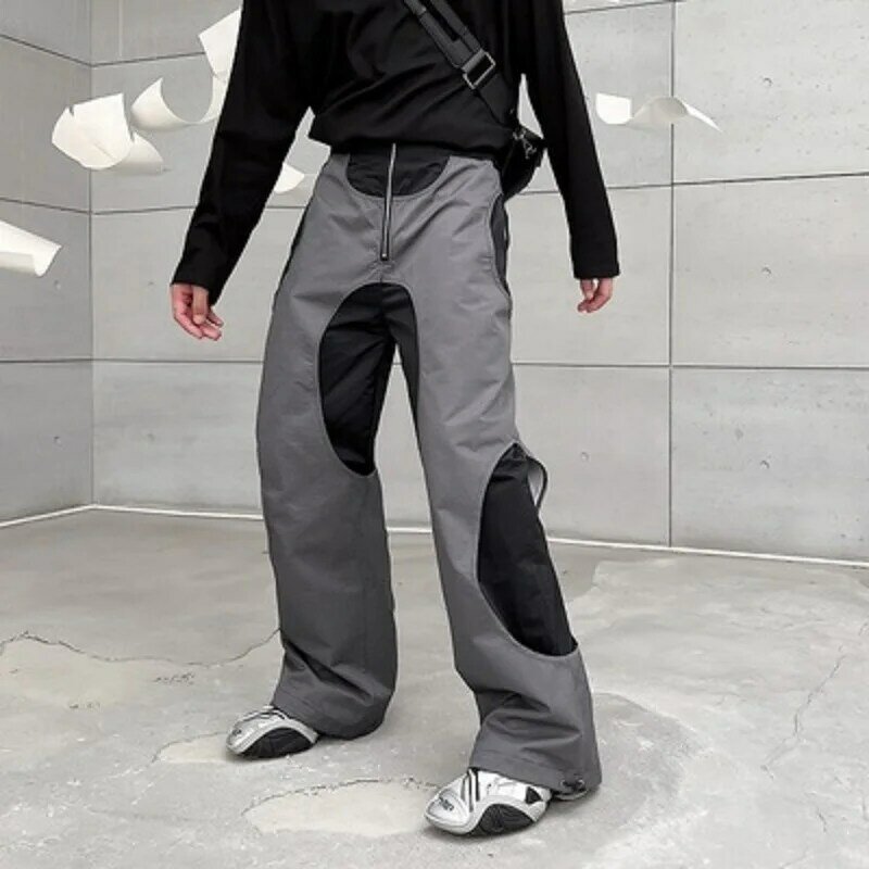 Chic Mannen Casual Broek Double-Layer Gat Patchwork Designer Mannelijke Broek Gey Contrast Zwarte Rits Koreaanse Hipiee Kleren Herfst