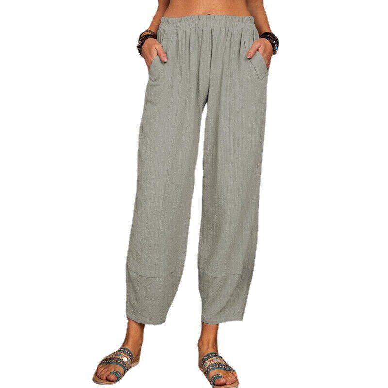Summer New Solid Loose Fitting Cotton Hemp Pants Casual Pocket Elastic Waist Ankle-length Home Harem Pants Women