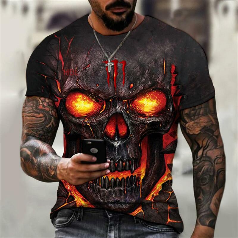 T-shirt à manches courtes et col rond pour homme, haut avec crâne d'horreur imprimé en 3D, haut ample, style Hip-Hop, été, 6XL