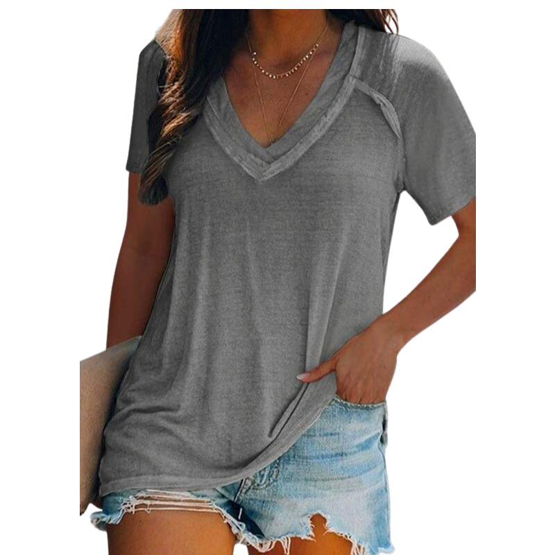 Camiseta de manga corta informal para mujer, blusa holgada de Color sólido con cuello en V profundo, Tops de algodón