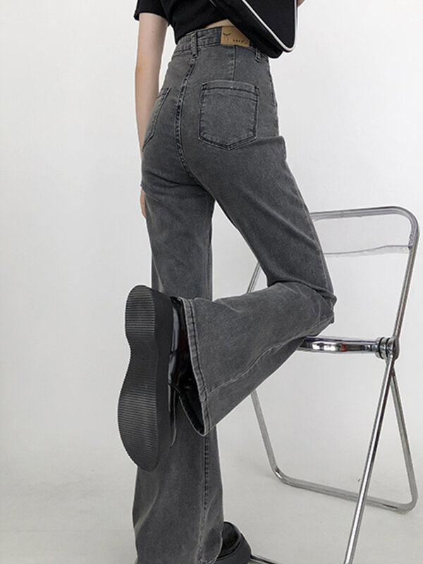 ผู้หญิงฤดูใบไม้ร่วงฤดูหนาวสูงเอว Vintage Wash คลาสสิก Denim Bell ด้านล่างอินเทรนด์ตรง Mopping A-Line Jean กางเกง Flare