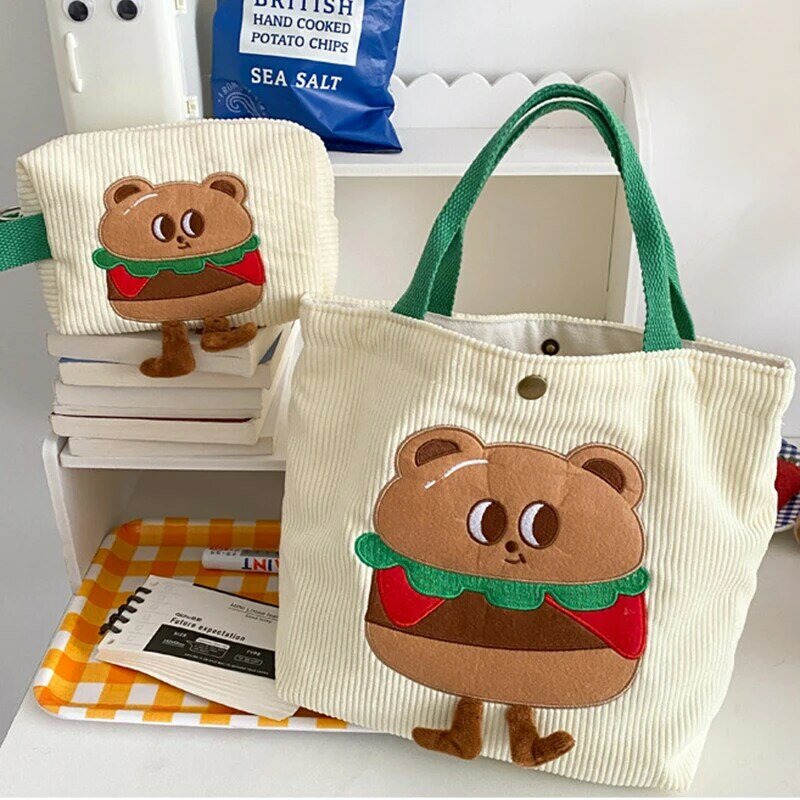 Borsa Kawaii per donna Burger Bear ricamo borsa in velluto a coste Tote Shopping bag borsa da donna carina coreana portatile