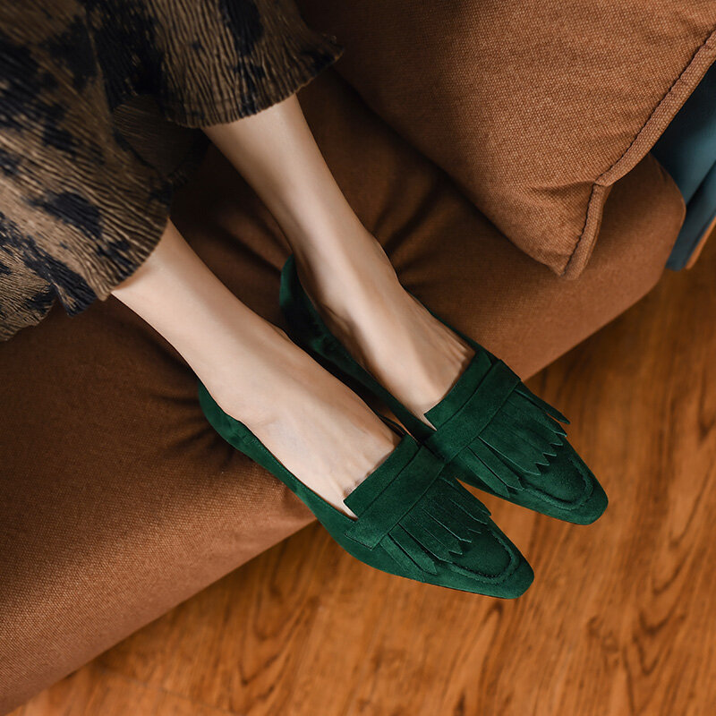 Zapatos de tacón de piel natural para mujer, Calzado cómodo de ante de oveja, con borlas, para Primavera, 22-2022 cm, novedad de 24,5