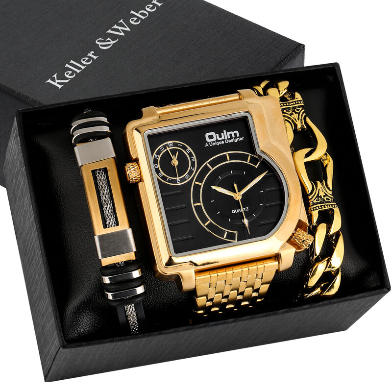 ساعة يد فاخرة من الذهب للرجال ساعة يد كبيرة مربعة ذات منطقة زمنية مزدوجة ساعة يد كوارتز للأعمال مع مجموعة أساور هدية للرجال Reloj Hombre