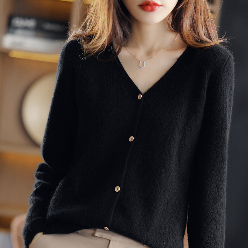 Sweater Kasmir Kardigan Wanita Sweter V-Neck Warna Solid Musim Gugur dan Musim Dingin Baru 100% Wol Murni Rajutan Fashion High-End Kasual