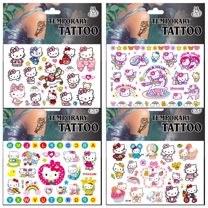 Pegatina de tatuaje falso temporal de Hello Kitty para niños, juguete divertido de dibujos animados, arte corporal de brazo y cara, tatuajes impermeables, regalo para niños