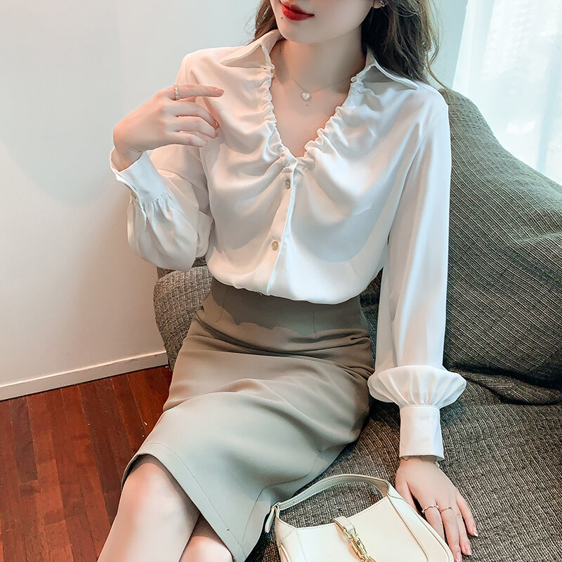 Sólido branco feminino superior cetim tecido grande decote em v plissado elegante escritório senhoras camisa de manga longa botão primavera 2022 roupas femininas