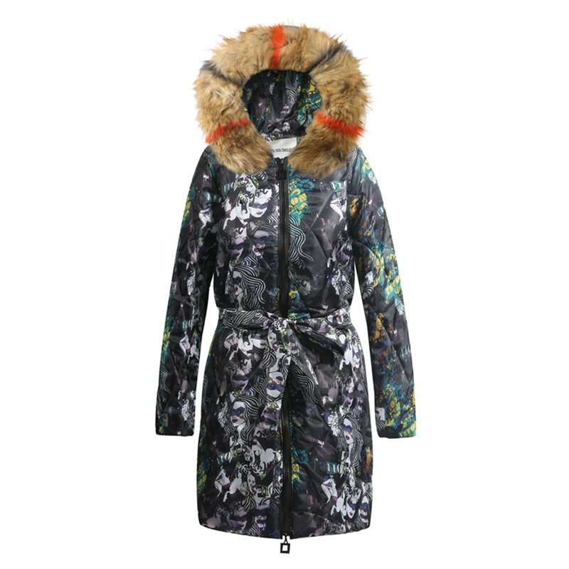 Moda feminina casaco quente casaco de comprimento médio impresso zip hood womens casacos de inverno forrado blusão feminino