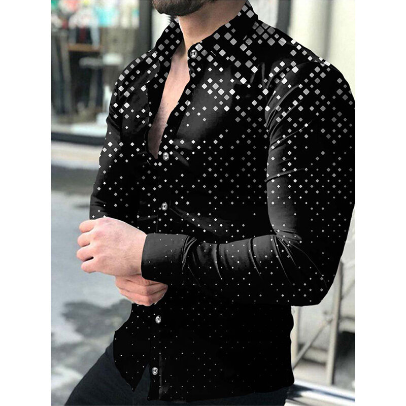Luksusowe koszule nowych mężczyzna wiosna jesień modna, z klapami przyciski kropki 3D drukuj z długim rękawem sweter ubrania Prom koszule