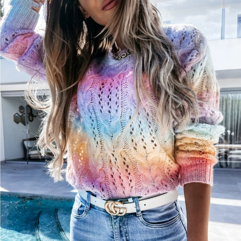 Женский трикотажный свитер радужной расцветки, с круглым вырезом