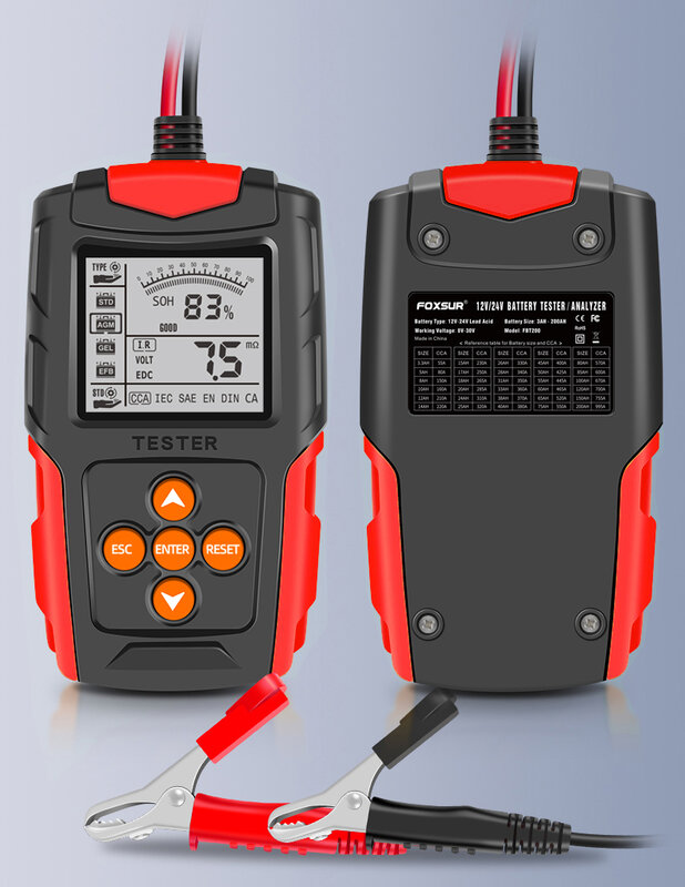 FOXSUR – testeur de batterie de voiture 12V à 24V, outils d'analyse de Batteries automobiles VRLA GEL AGM EFB STD EDC CCA IEC Sae DIN EN