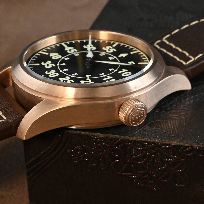 San Martin Bronze Pilot Watch Military YN55A Retro Simple Style Mens Automatic Mechanical Watches Leather Strap 20Bar Luminous