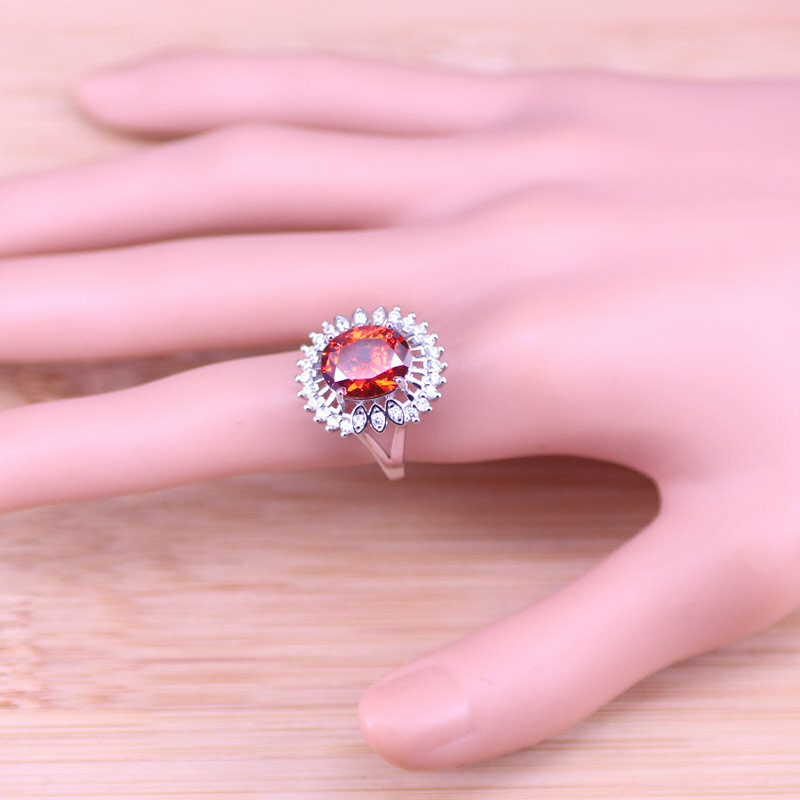 925 Silver Costume Red Stone Jewelry For Women Earrings Ring Necklcae Bracelet Set Bridal Jewelry