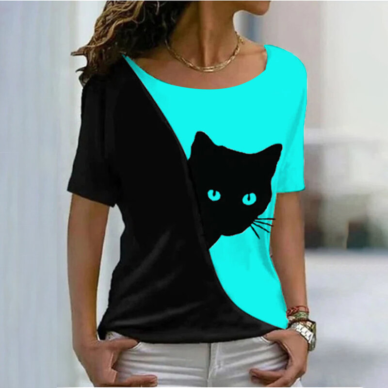 Kaus Modis untuk Wanita Atasan Kasual Harajuku 3d Gambar Kucing Lucu Atasan Musim Panas Kaus Lengan Pendek Lucu Wanita Besar 2022