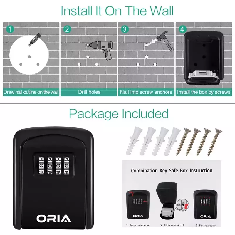 ORIA-caja de almacenamiento para llaves, caja de bloqueo de contraseña montada en la pared, para exteriores