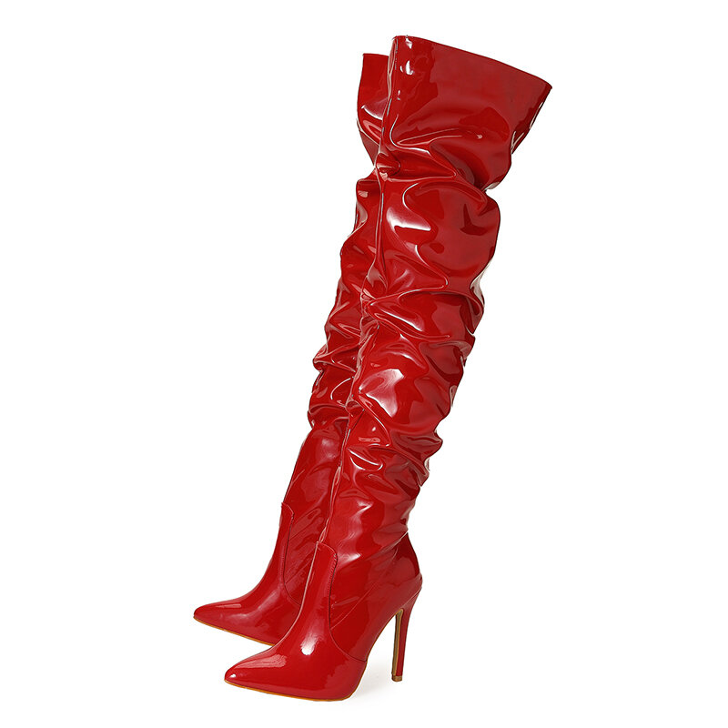 New Design Pleated Leather Over The Knee Boots Fashion Runway Strange High Heels Sexy Pointed Toe Zip Womans Shoes