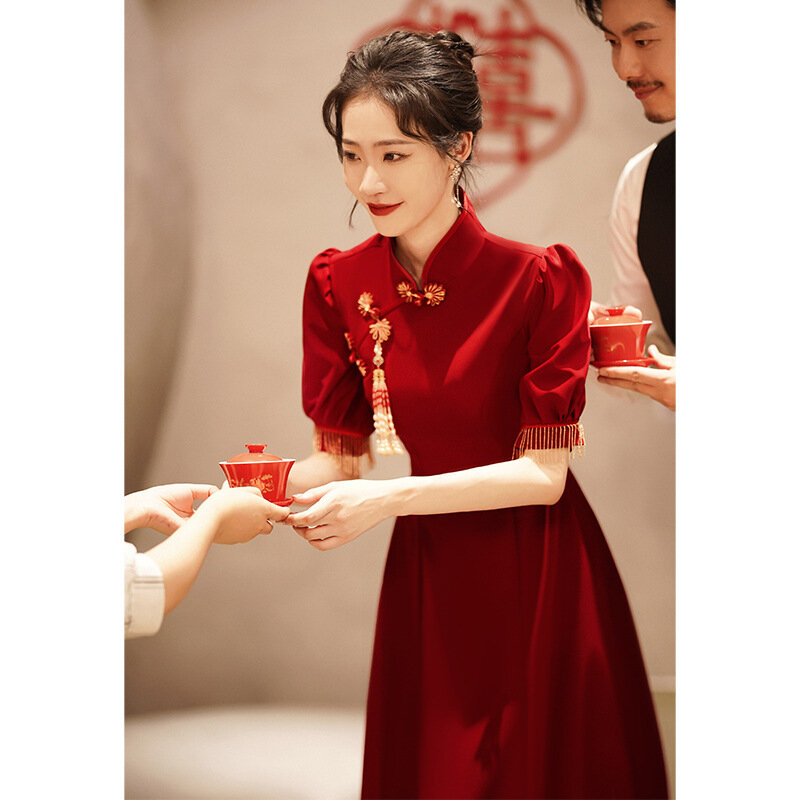 Vinho chinês feminino vermelho verão cheongsam casamento/vestido de noivado-estilo longo-mangas puff (cobrir os braços)-estilo magro