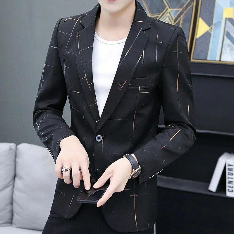 High Quality Korean Style Long Printed Striped Jacket Slim Fashion Short Business Casual Suit Coats Man Dropshipping