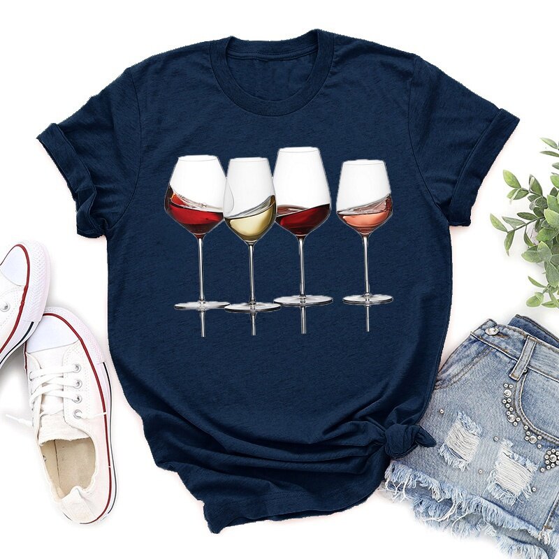 Camisetas con estampado de vino para mujer, camisetas informales de verano, camisetas de manga corta con cuello redondo para mujer, ropa estética Y2k