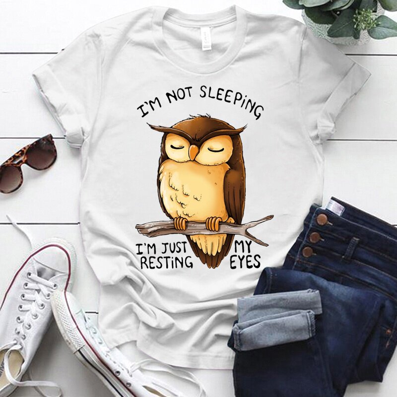 Funny owl I didn't sleep I just rested my eyes T-shirt for women summer crew neck T-shirt women fashion casual T-shirt