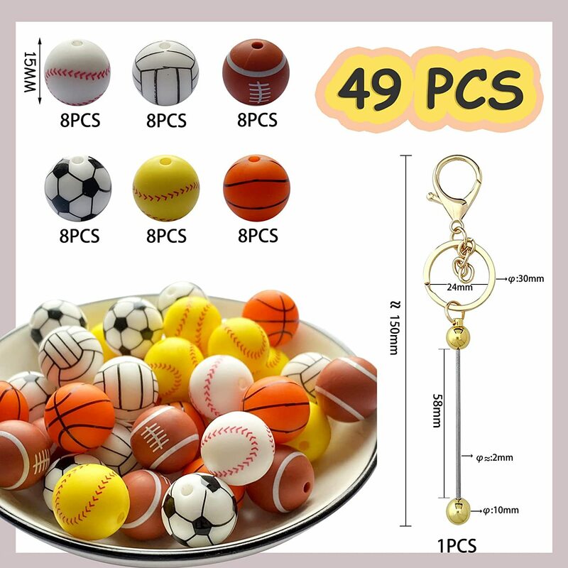 Cuentas de silicona de 49 piezas para fabricación de joyas, kit de llaveros de fútbol de la serie deportiva DIY, abalorios redondos de silicona de grado alimenticio de 15mm, cadena de mano
