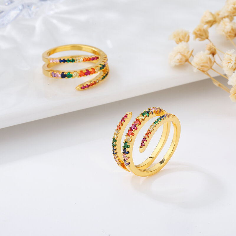 Poulisa geometryczne wielokolorowe kolorowe CZ cyrkon złoty kolorowe pierścienie Party prezent urok CZ palec Rainbow cyrkon kolorowe pierścień otwierający