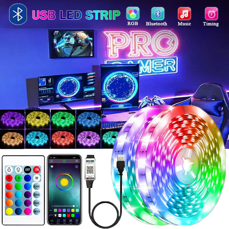 Tira de luces LED con Control USB, cinta de luces LED Flexible con Bluetooth, RGB, 5V, decoración de diodos de retroiluminación de pantalla de escritorio de TV