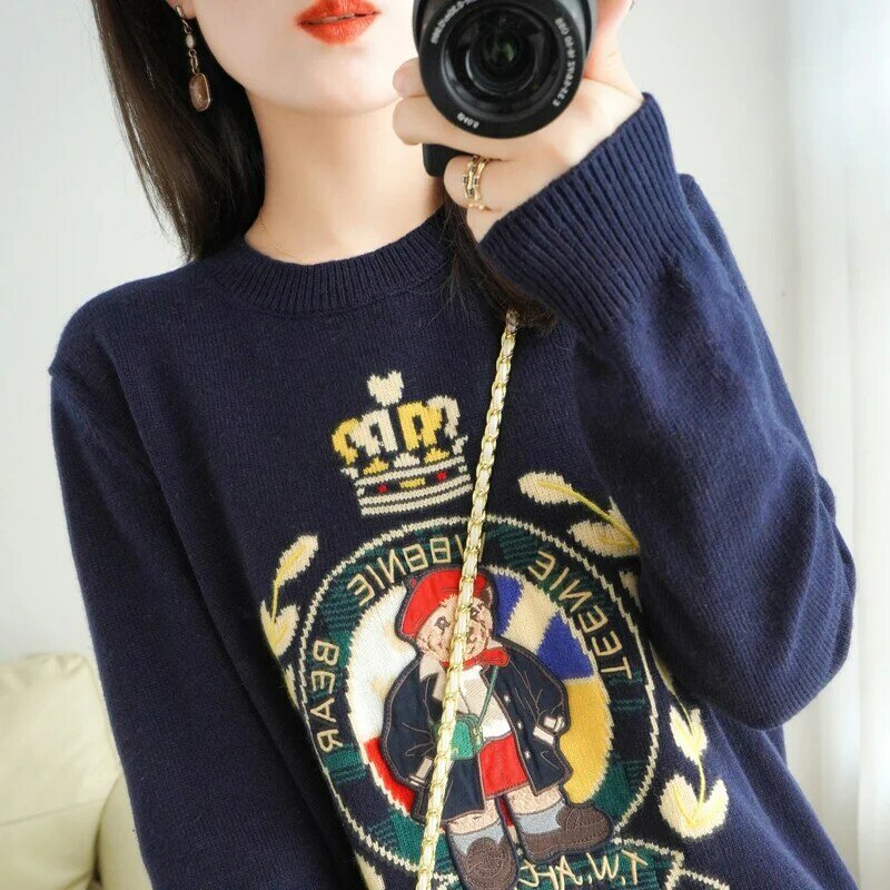 Spring And Autumn New Women's Round Neck Jacquard Pullover Sweater Cartoon Pattern Knitted Bottoming Shirt Wearing Fashion Loose