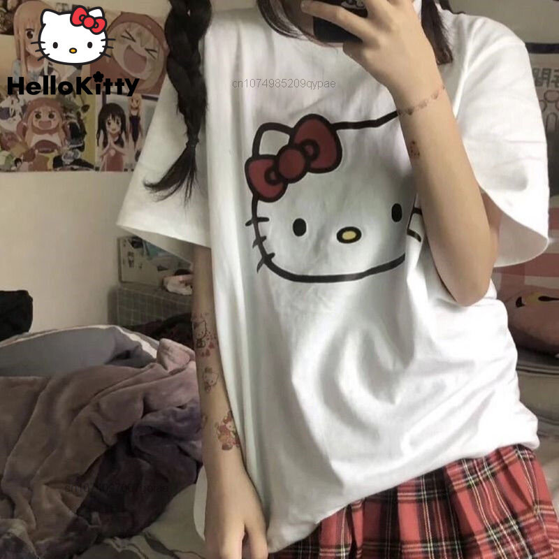 Hello футболка Китти Y2k Женские топы для студенток Sanrio корейские хлопковые свободные футболки Harajuku футболки одежда для женщин летний топ