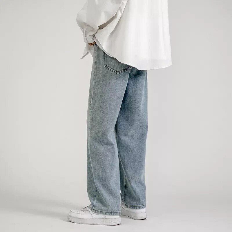 Модные мужские мешковатые джинсы в Корейском стиле, классические Универсальные однотонные прямые джинсовые брюки с широкими штанинами, св...