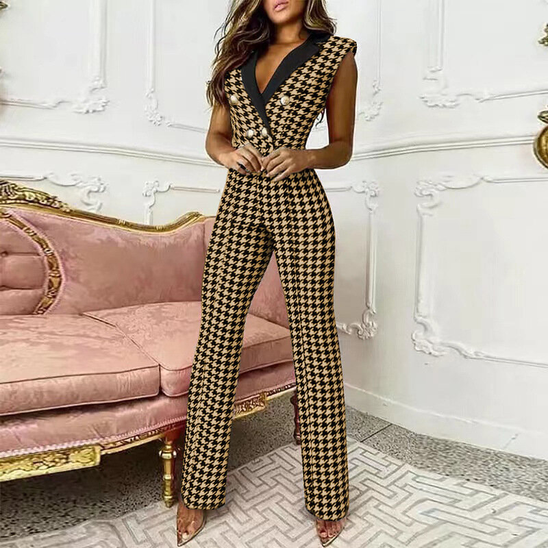 Houndstooth Jumpsuit Women New Matching Button V Neck Sleeveless Slim Office Lady Jumpsuit Professional Wear Female Casual Wear