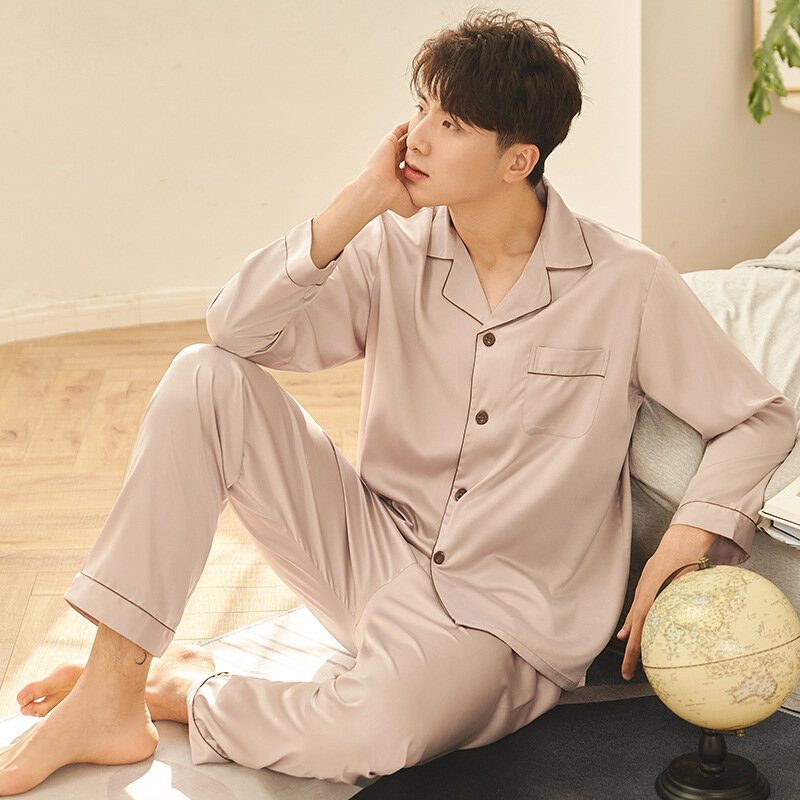 Puimentiua Mens Stain Silk Pajama Sets Pajamas Modern Style Silk Nightgown Home Male Satin Soft Cozy Sleeping Men Sleepwear