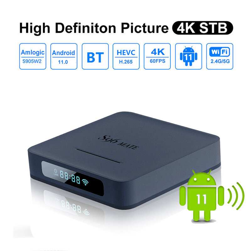 Stuotop Smart Tv Box Android 11 S96 Mate Amlogic S905W2 2.4G & 5G Wifi BT5.0 3D 4K voice Hd Media Speler 32G 4Gb Set Top Tv Box