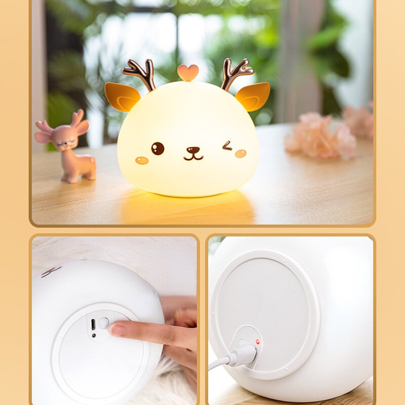 USB Rechargeable Silicone Night Light Lovely Fawn Touch Sensor Bedroom Bedside Lamp Remote Control Kids Baby Room Decoration