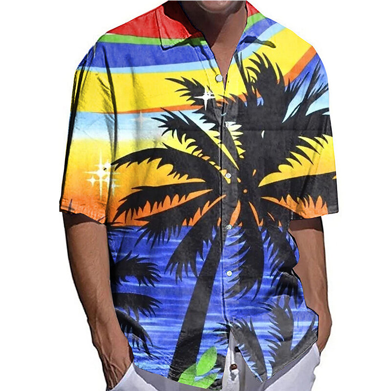 สไตล์ผู้ชายเสื้อยืดสบายๆเสื้อ Coconut Tree พิมพ์ครึ่งแขนเสื้อผู้ชายเสื้อผ้าฮาวายเสื้อสเวตเตอร์ถ...