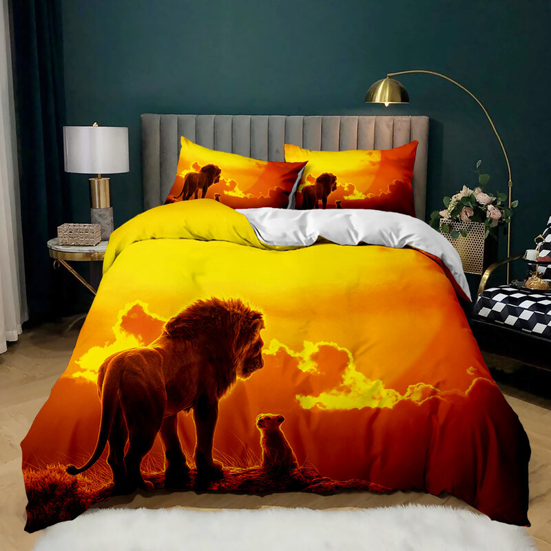 사자 침구 동물 이불 커버 세트 퀸 킹 사이즈 번개 사자 무늬 이불 커버 1 Lionhead Duvet Cover 2 Pillowcases