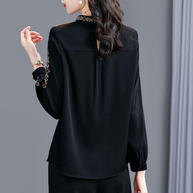 Heavy industry simulation silk fashion T-shirt women early autumn 2022 high-end heavy shirt small thin long-sleeved blouse top