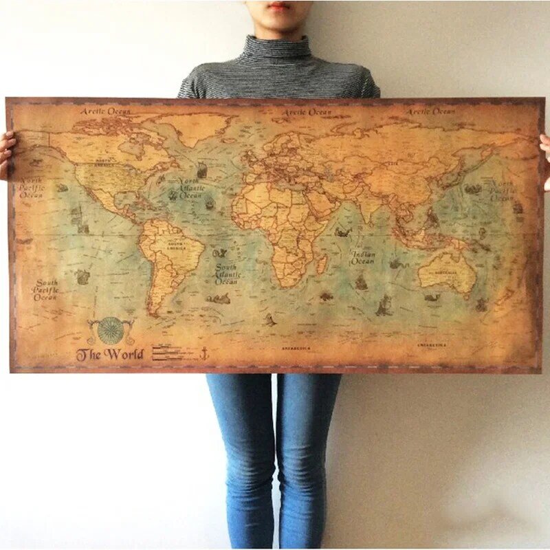 71*36ซม.World แผนที่ Vintage Vintage Retro Retro World Globe แผนที่ Atlas โปสเตอร์ตกแต่งสำหรับ Office School ถนน