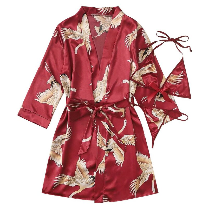 Novo robe de dormir seda sexy, pijama feminino algodão vermelho, lingerie floral, estampado, pijama feminino, 2021
