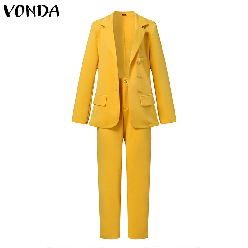 VONDA Set Pencocokan Musim Semi 2022 Blazer Longgar Wanita dengan Celana Kaki Lebar Set Celana Formal Kantor Elegan Set Wanita Ukuran Besar