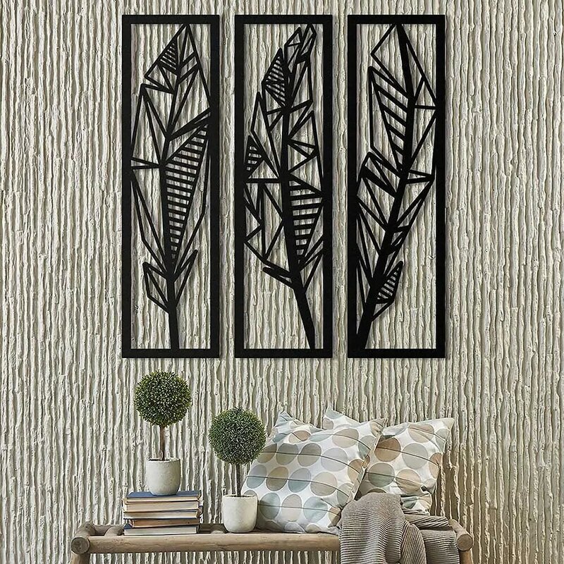 Feather 3 Piece Picture Metal Wall Art Decor For Interior Bedroom And Living Room Special Design Decorative New Model Solid