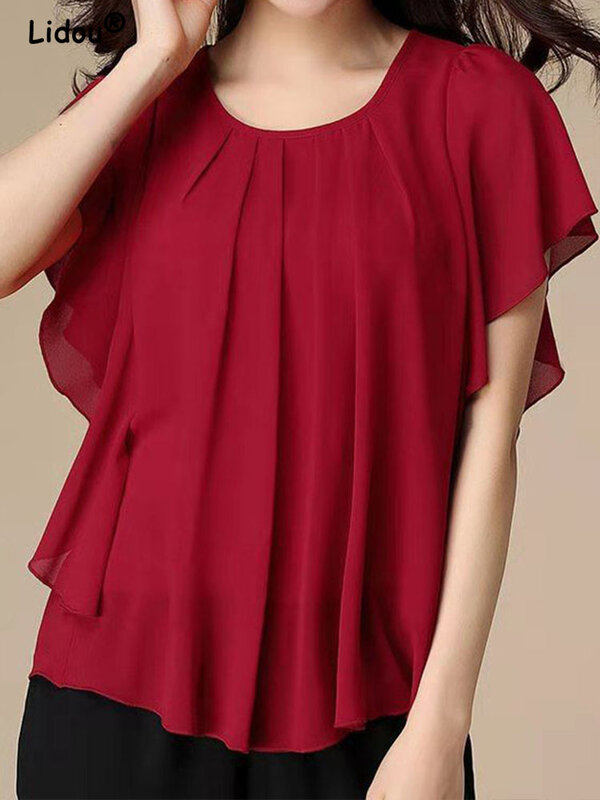 Elegant Fashion Round Neck Solid Color Chiffon Folds Pullovers 2022 New Casual Ruffles Shirt Women's Clothing All-match Top Hot