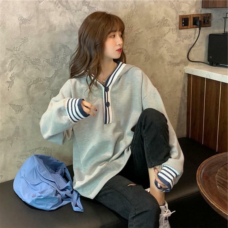 College stripe color Pullover women's loose long sleeve Sweatshirt 2022 autumn fashion black and white matching Pullover Top