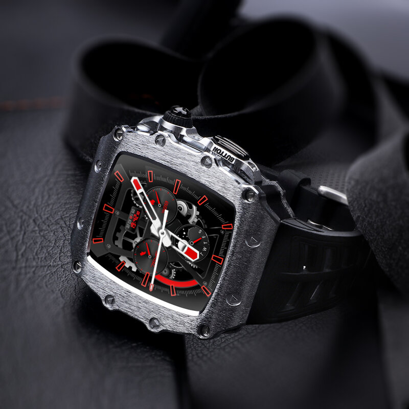 Роскошный модифицированный комплект 44 мм/45 мм для Apple Watch 8/7 45 мм, металлический чехол, резиновый ремешок для iWatch SE2/6/5/4/3, мужской спортивный бр...